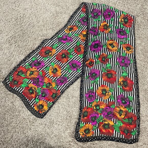 Rectangle Scarf Multi Color Floral Striped Hand Rolled Ribbon Hair Neck Kerchief - Picture 1 of 7